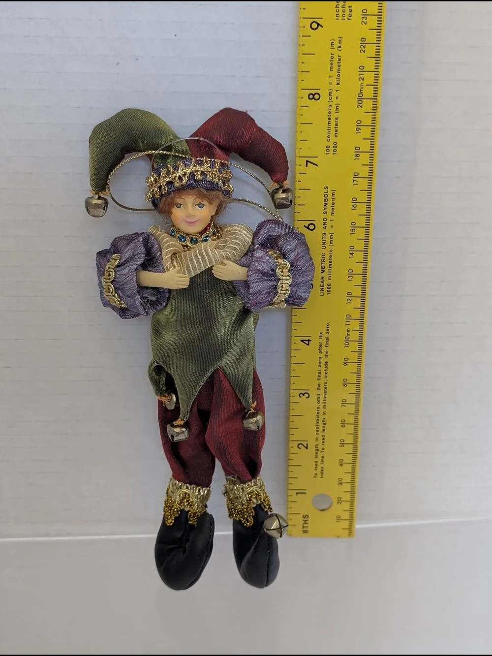 Handcrafted Jester Doll Ornament in Green, Red & Purple